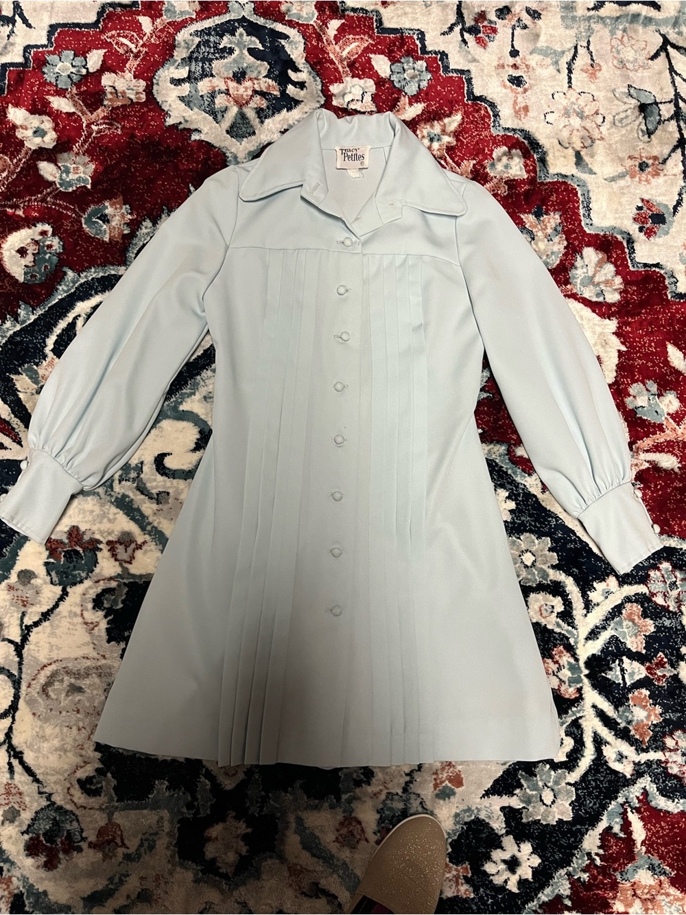Authentic vintage 50s 60s  mod Pale Blue Long-Sleeve Pleated Button-Front Dress